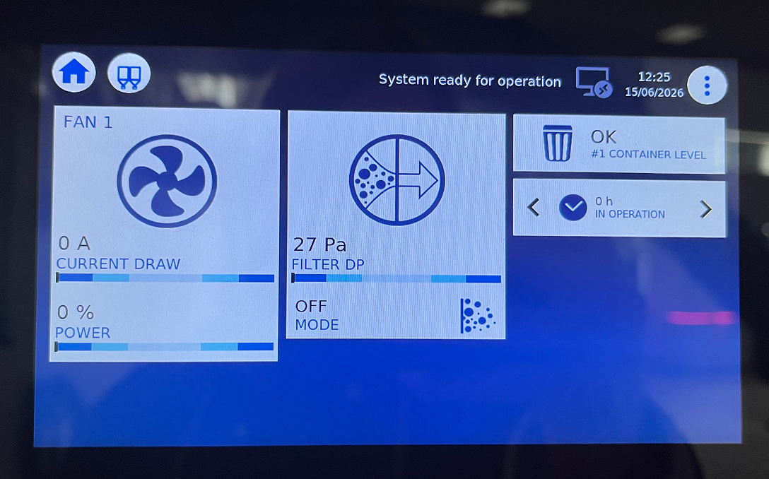 Existing Nederman HMI control panel photographed in the lab