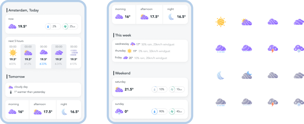 demo of the okay weather app, mobile screen and icons